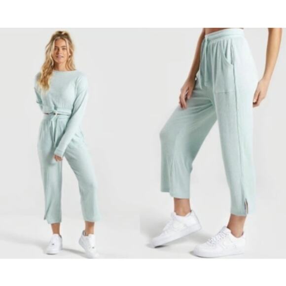 Gymshark Seafoam Green Relaxed Ribbed Pants Drawstring Straight Leg w/ Slits S - Picture 1 of 6